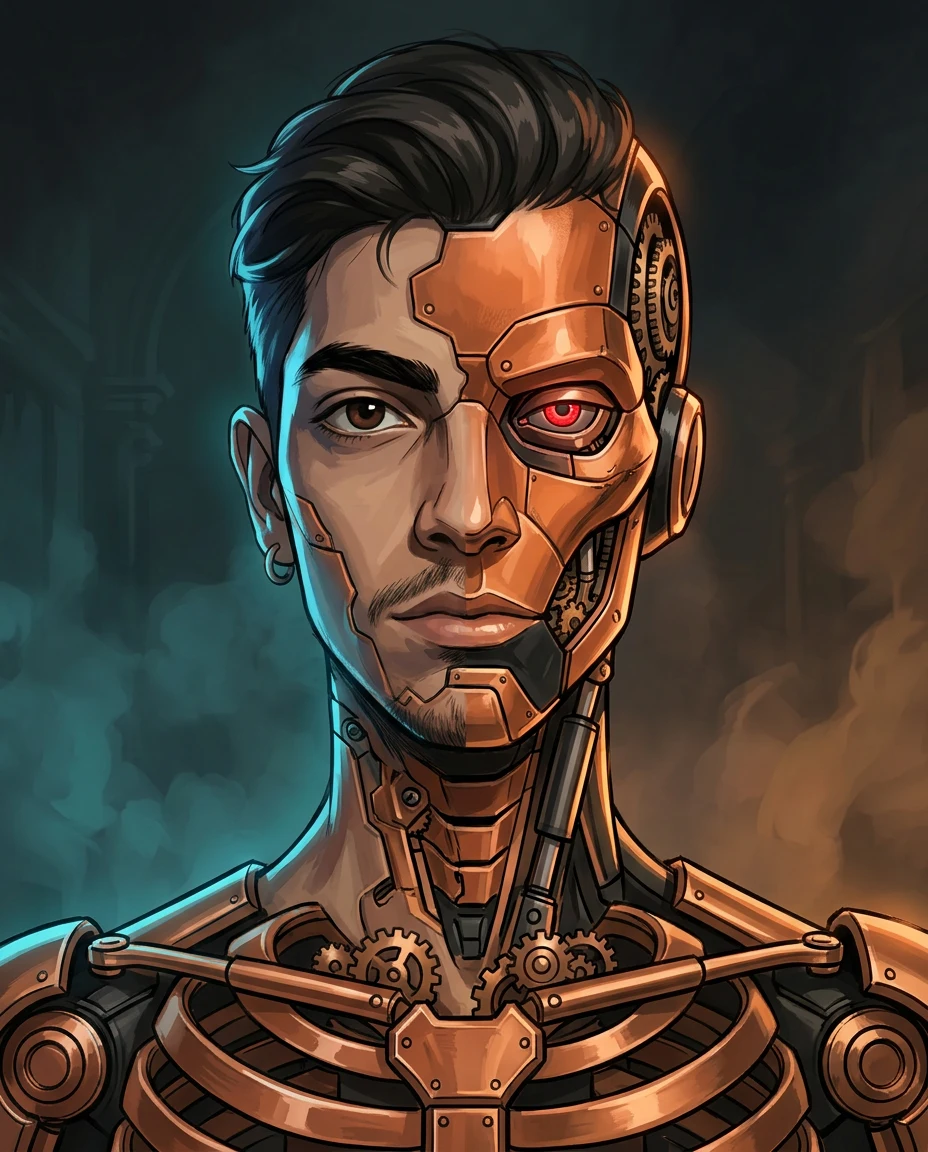 Half-human, half-machine illustrated portrait of Amir NoZohour